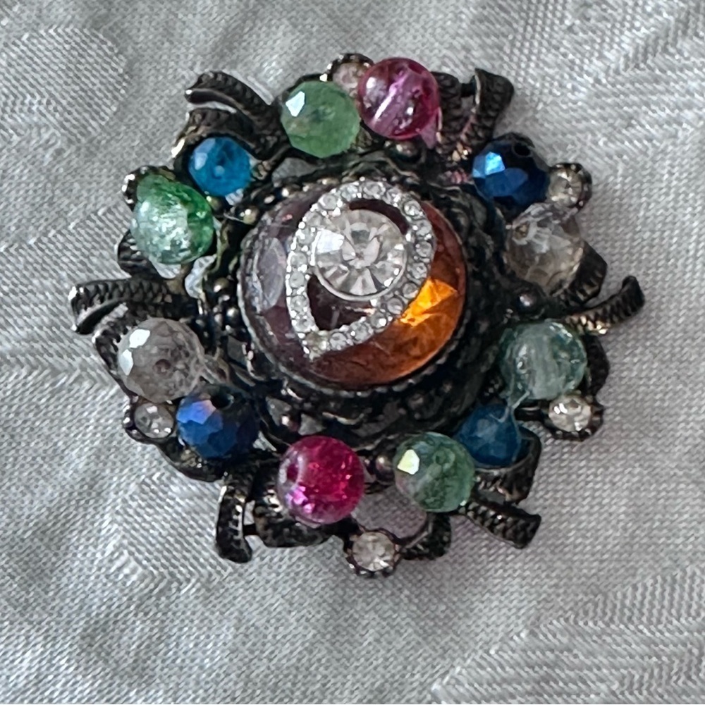 RUBYRUDI Up Cycled Brooch Handcrafted Repurposed Artisan Vibrant Crystal 0780 P